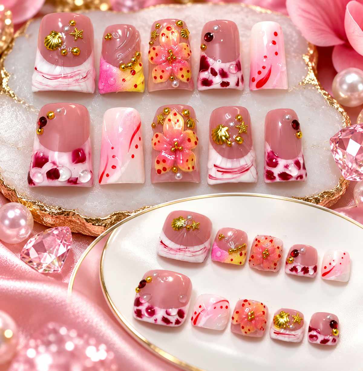 Luxury Pink 3D Floral Handmade Press-On Nails
