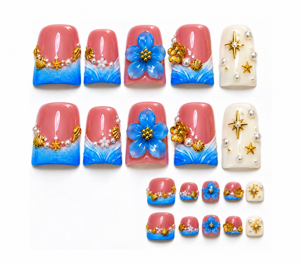 Ocean Blue 3D Press-On Nails – Pearl & Gold ✨