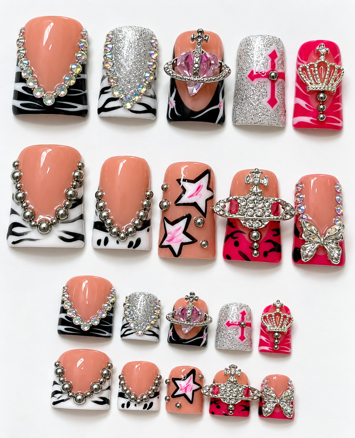 Pink & Black 3D Luxury Press-On Nails – Rhinestone Bow Design